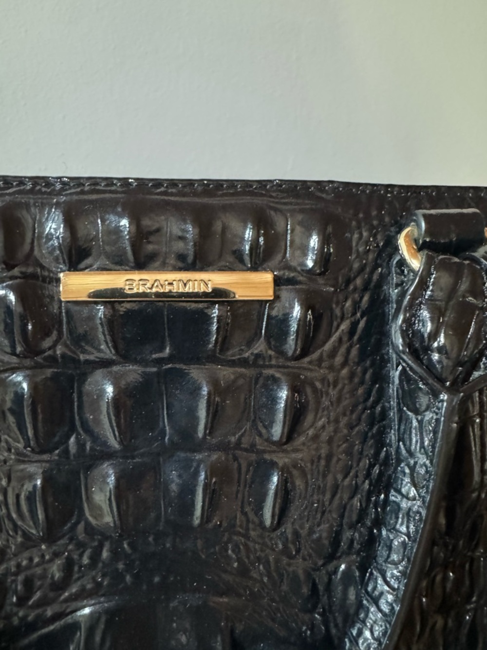 Brahmin Black Croc-Embossed Patent Leather Melbourne Satchel with Gold Accent - Picture 3 of 7